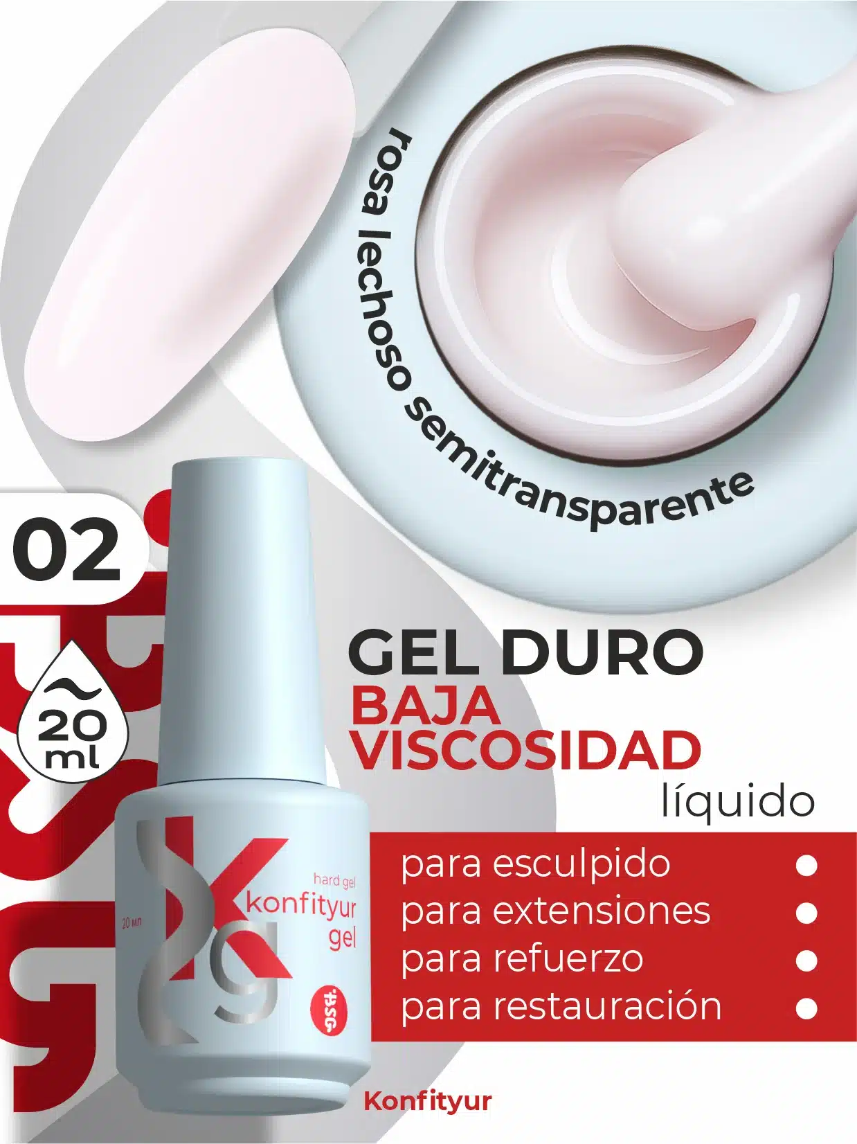 Gel duro BSG Konfithur baja viscosidad en frasco #02, 20 ml