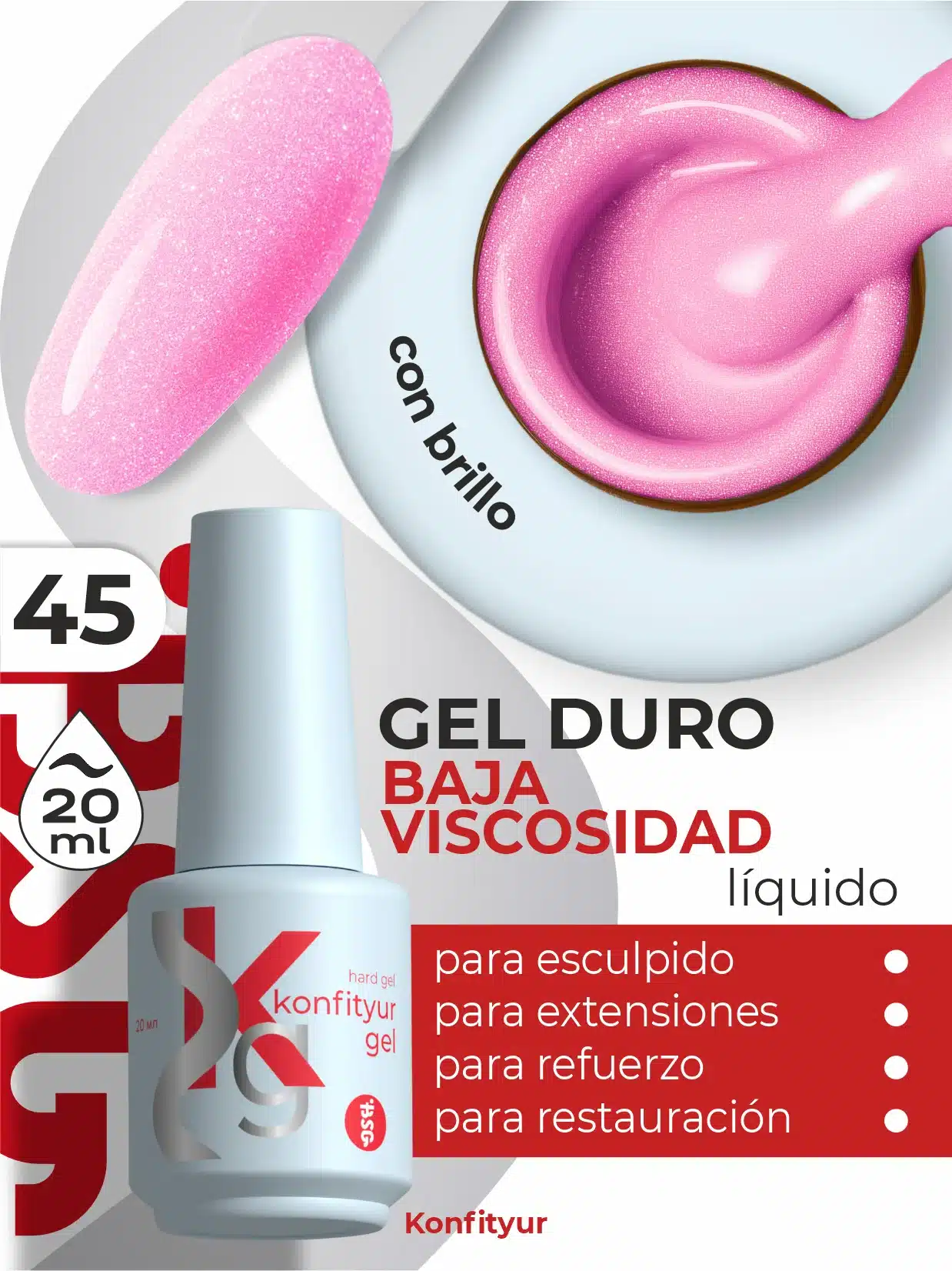 Gel duro BSG Konfithur baja viscosidad en frasco #45, 20 ml