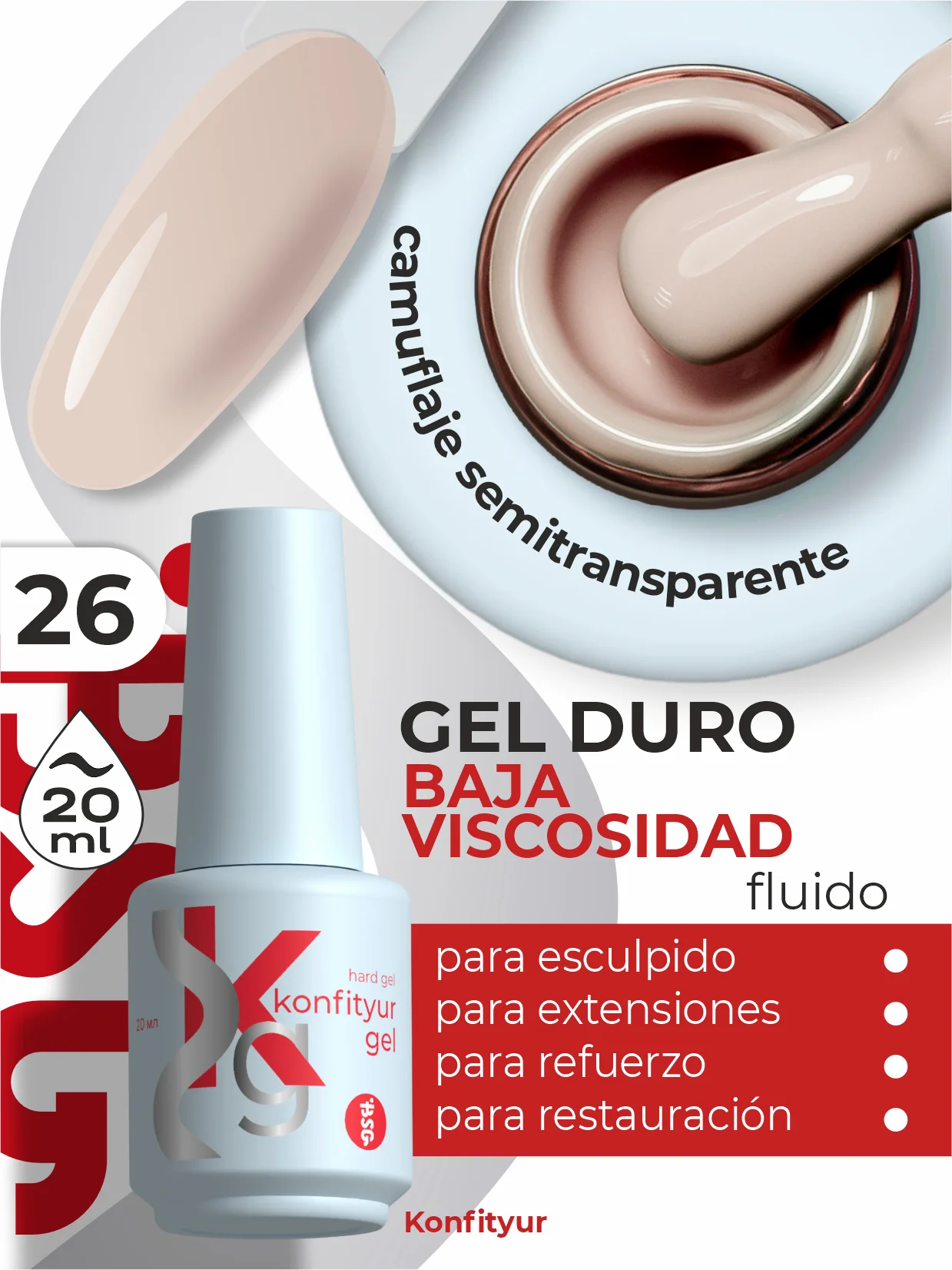 Gel duro BSG Konfithur baja viscosidad en frasco #26, 20 ml