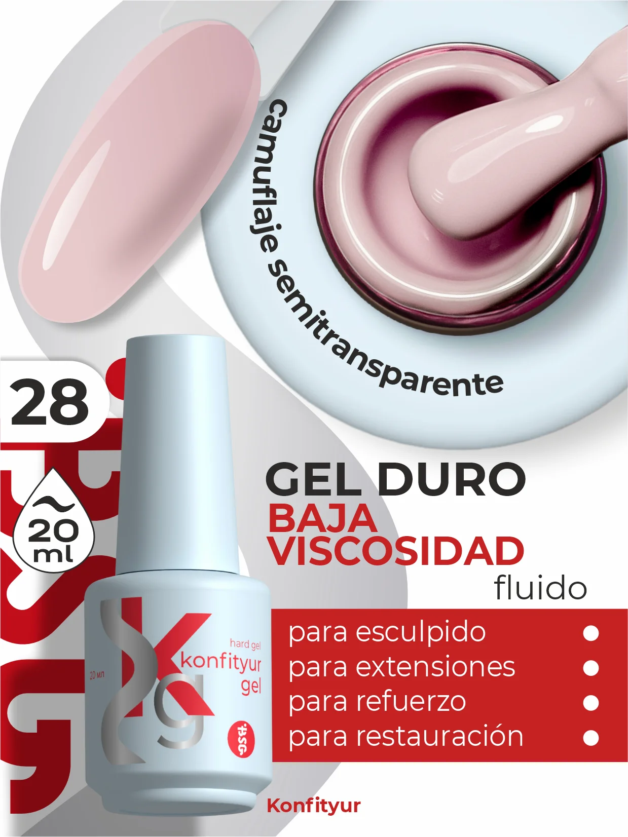 Gel duro BSG Konfithur baja viscosidad en frasco #28, 20 ml