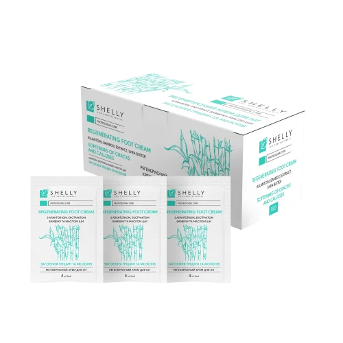 Shelly Crema regeneradora para pies con alantoína, extracto de bambú y manteca de karité 4ml 100 uds