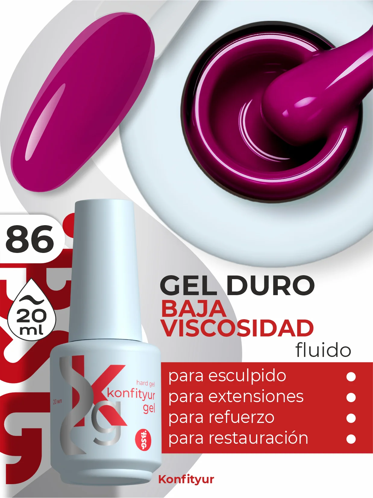 Gel duro BSG Konfithur baja viscosidad en frasco #86, 20 ml