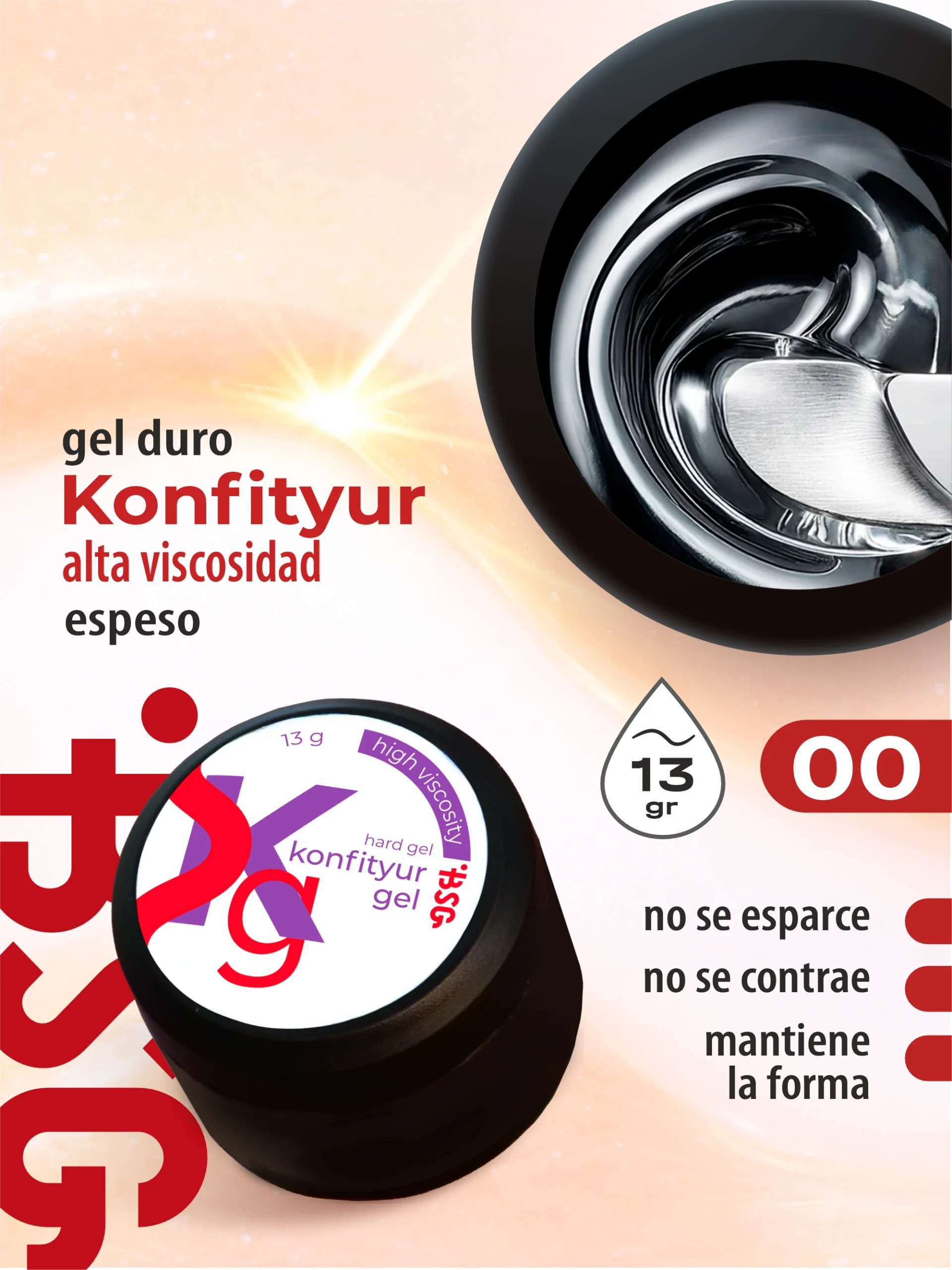 Gel duro BSG para extensiones Konfityur #00 Transparente  - ALTA VISCOSIDAD (13 g)