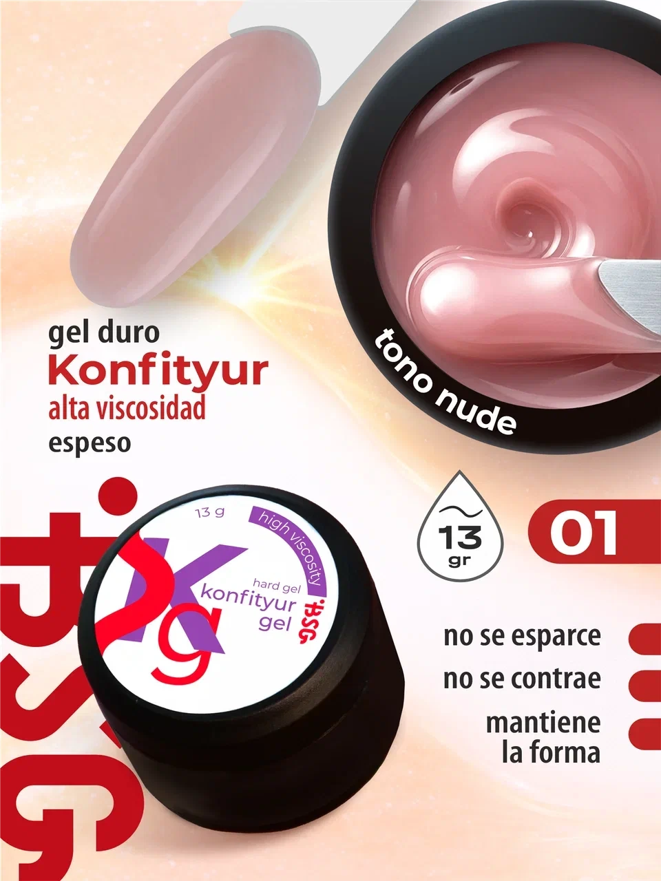 Gel duro BSG para extensiones Konfityur #01 - ALTA VISCOSIDAD (13 g)
