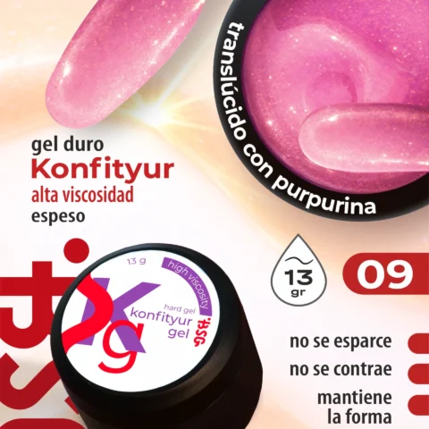 Gel duro BSG para extensiones Konfityur #09 Rosa translúcido con shimmer - ALTA VISCOSIDAD (13 g)
