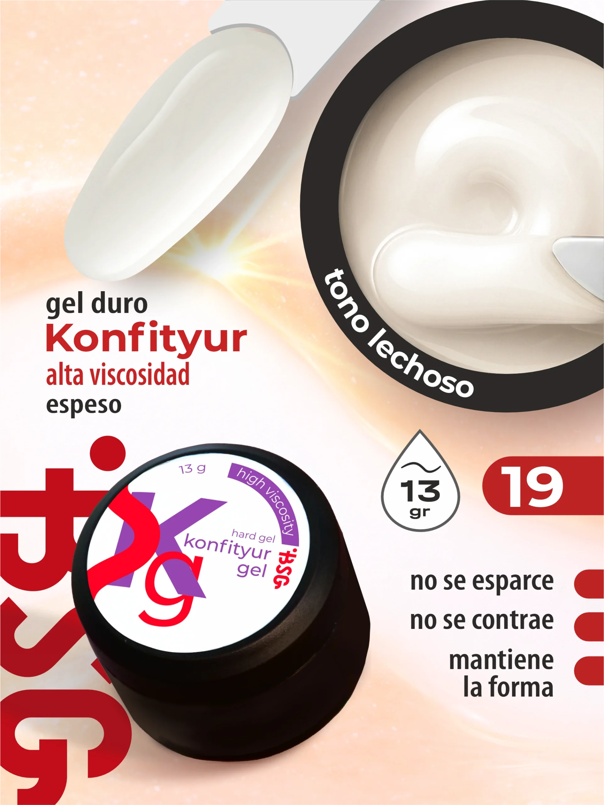 Gel duro BSG para extensiones Konfityur #19 Lechoso cálido - ALTA VISCOSIDAD (13 g)