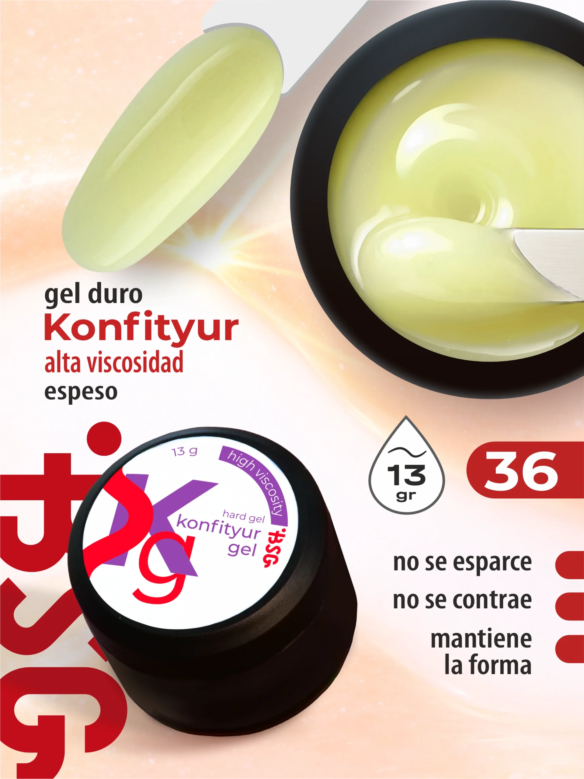 Gel duro BSG para extensiones Konfityur #36 Amarillo pálido - ALTA VISCOSIDAD (13 g)