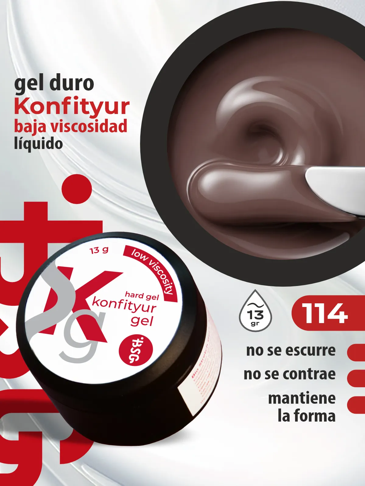 Gel duro BSG para extensiones Konfityur #114 Lechoso cálido - BAJA VISCOSIDAD (13 g)