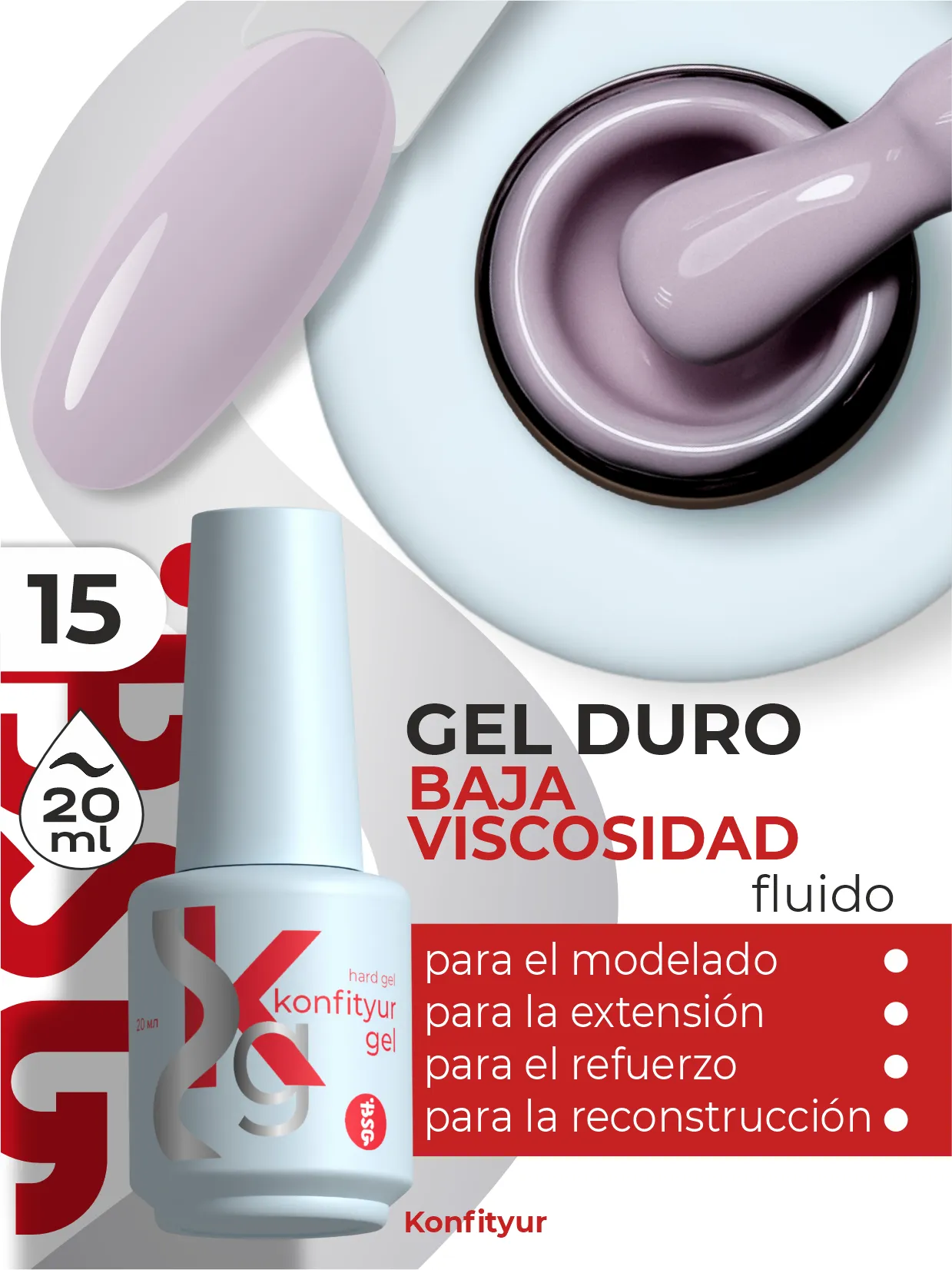 Gel duro BSG Konfithur baja viscosidad en frasco #15, 20 ml