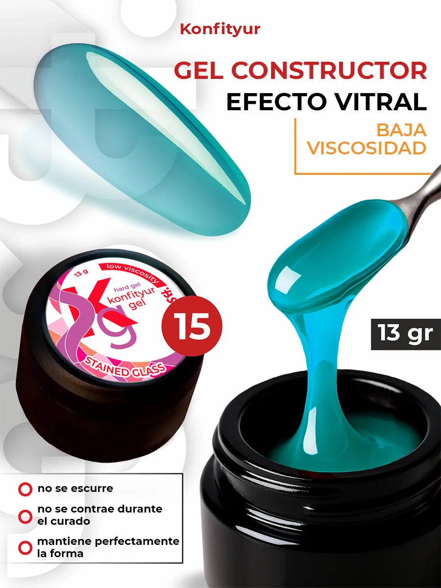 Gel duro BSG para extensiones Konfityur Stained Glass #15 – BAJA VISCOSIDAD (13 g)