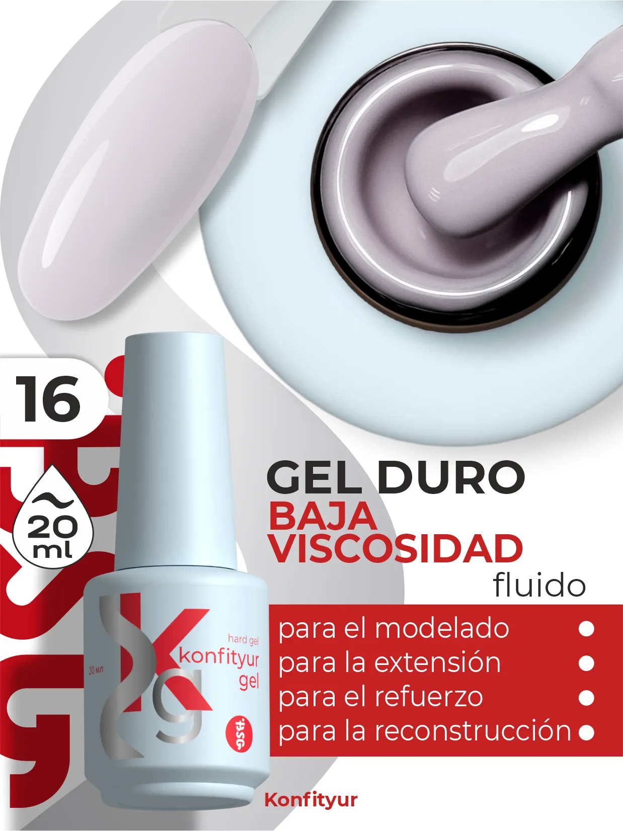 Gel duro BSG Konfithur baja viscosidad en frasco #16, 20 ml