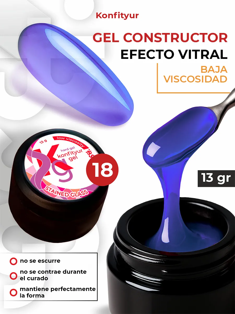 Gel duro BSG para extensiones Konfityur Stained Glass #18 – BAJA VISCOSIDAD (13 g)