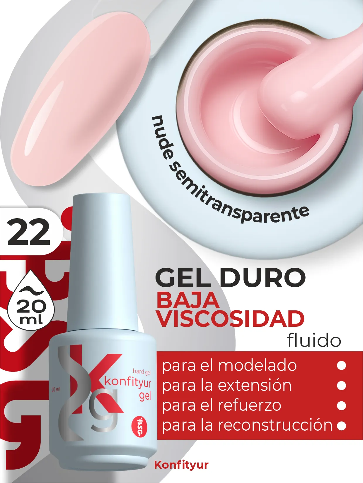 Gel duro BSG Konfithur baja viscosidad en frasco #22, 20 ml