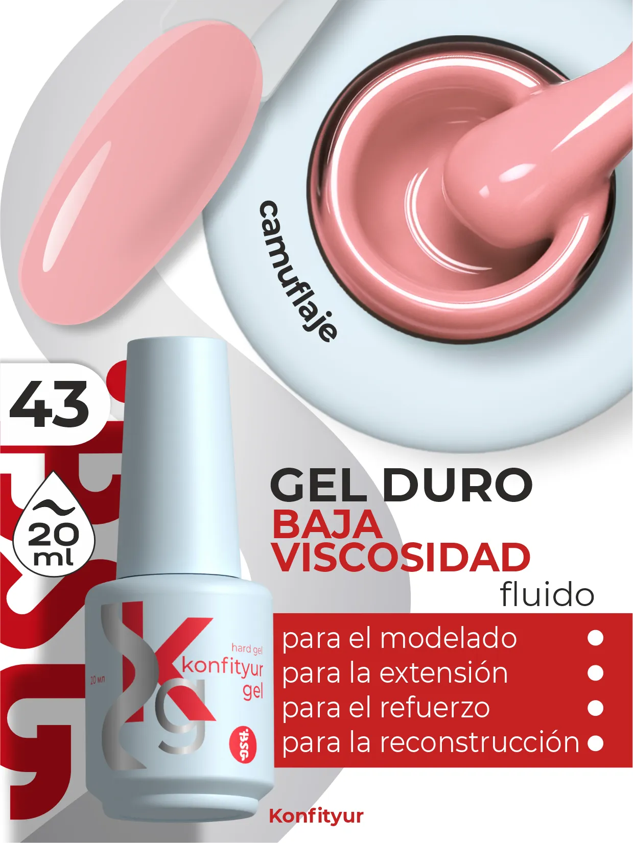 Gel duro BSG Konfithur baja viscosidad en frasco #43, 20 ml