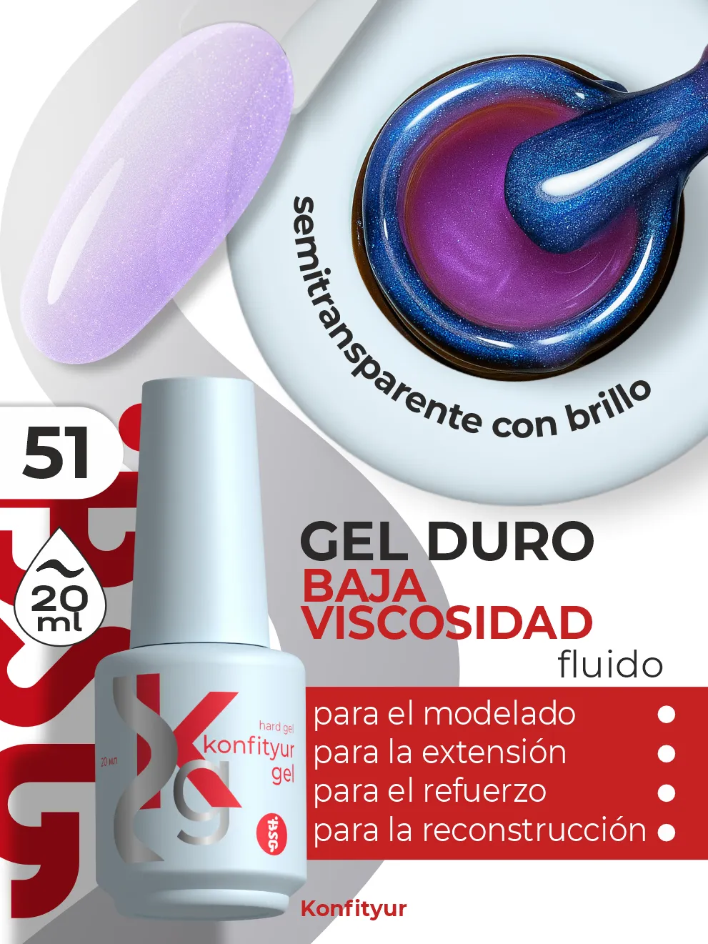 Gel duro BSG Konfithur baja viscosidad en frasco #51, 20 ml
