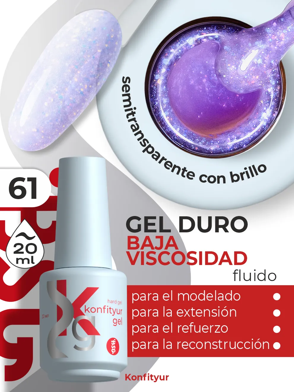 Gel duro BSG Konfithur baja viscosidad en frasco #61, 20 ml