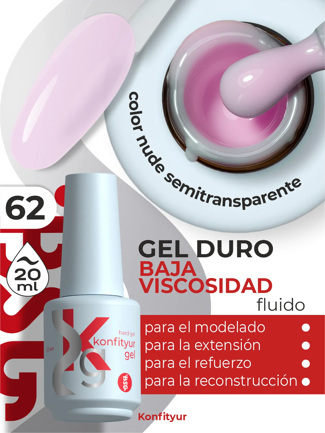 Gel duro BSG Konfithur baja viscosidad en frasco #62, 20 ml