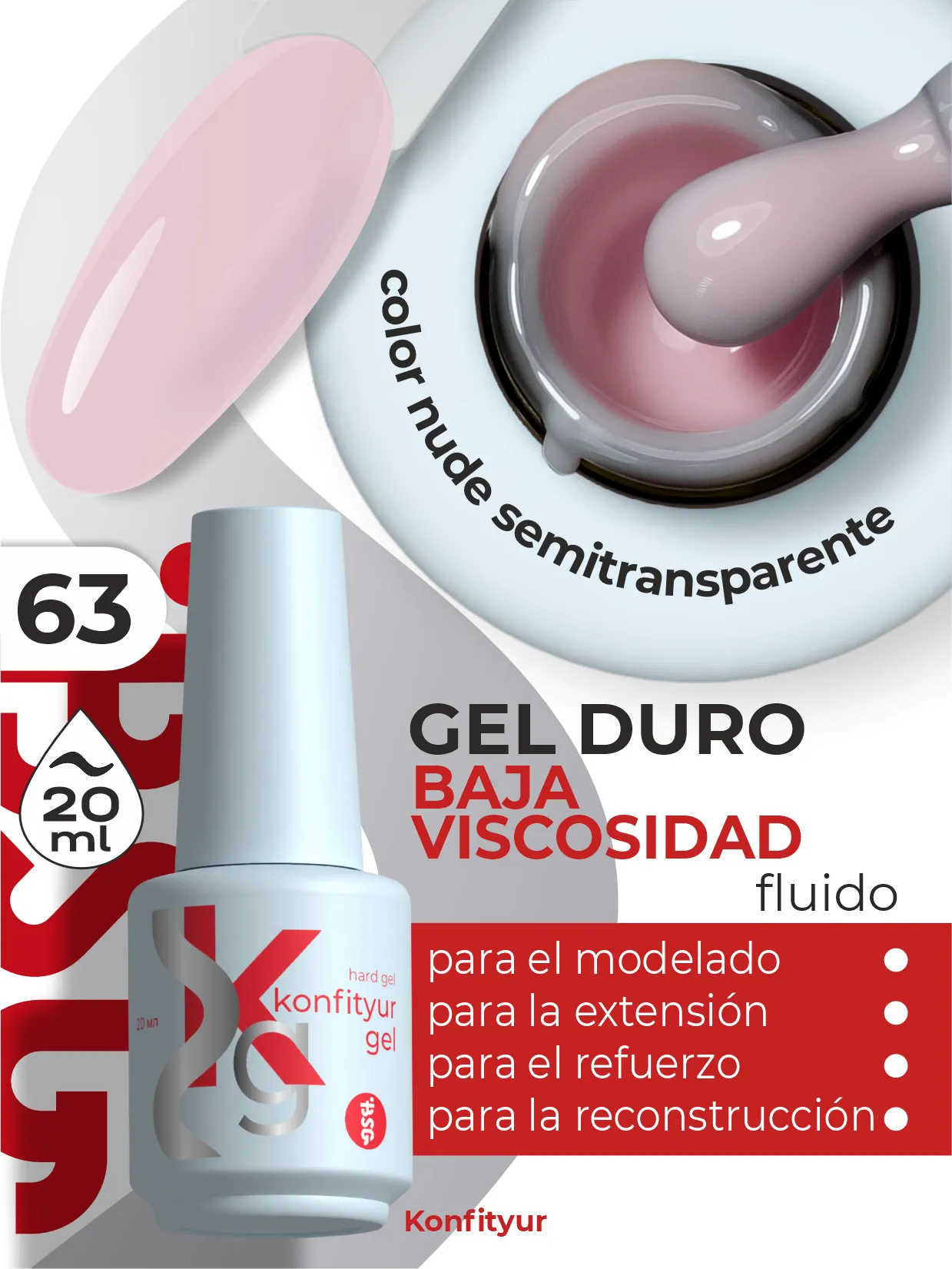 Gel duro BSG Konfithur baja viscosidad en frasco #63, 20 ml