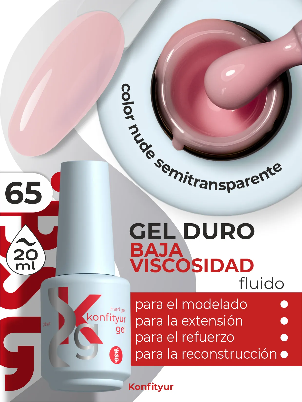Gel duro BSG Konfithur baja viscosidad en frasco #65, 20 ml