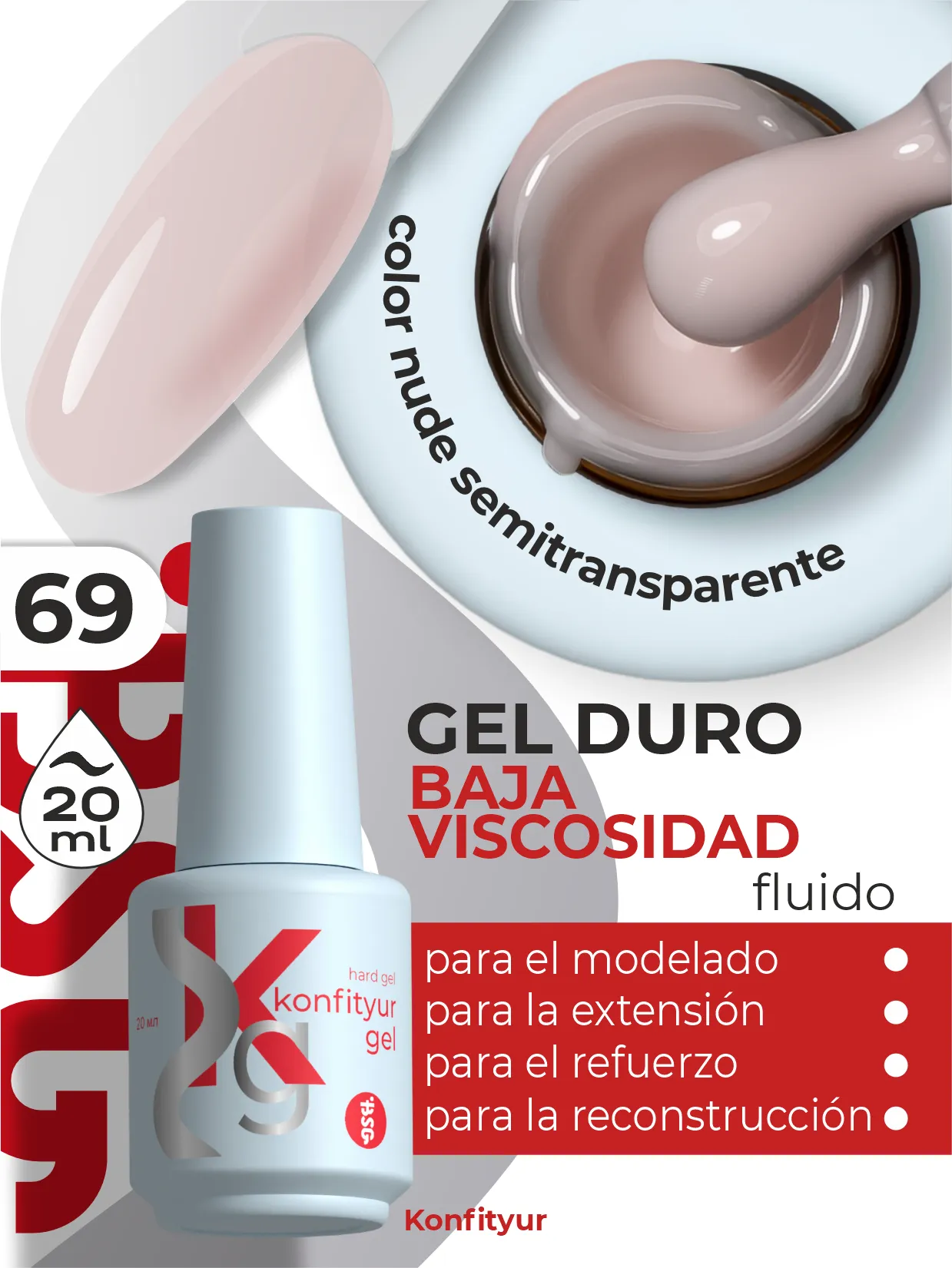 Gel duro BSG Konfithur baja viscosidad en frasco #69, 20 ml
