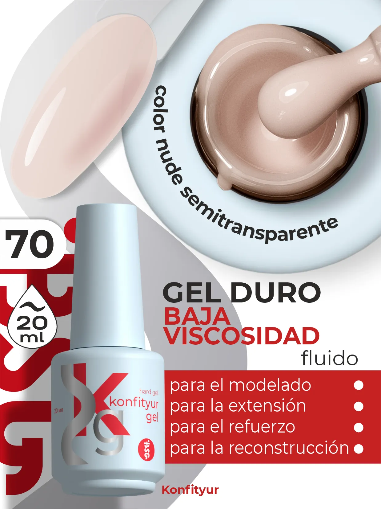 Gel duro BSG Konfithur baja viscosidad en frasco #70, 20 ml