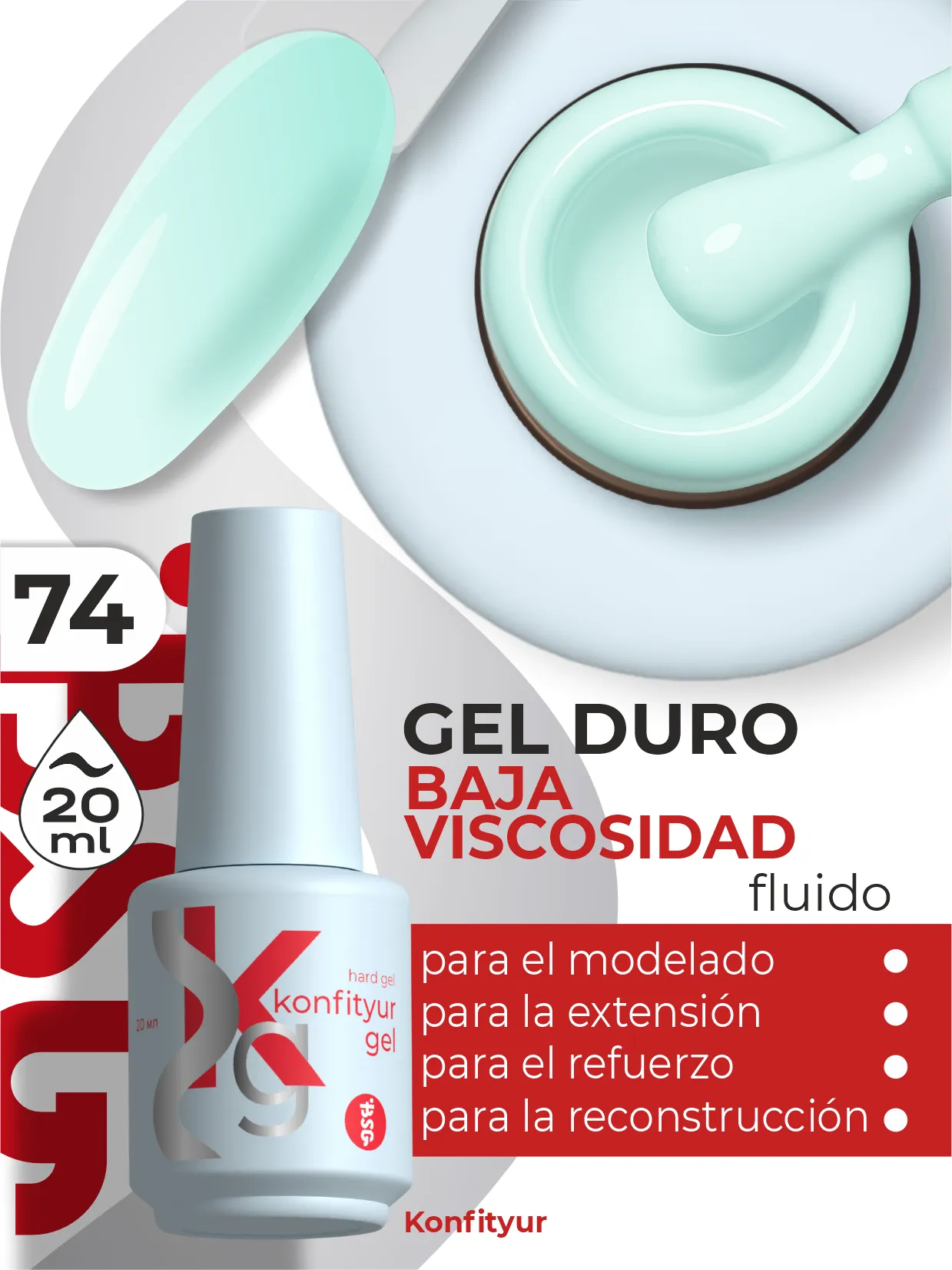 Gel duro BSG Konfithur baja viscosidad en frasco #74, 20 ml
