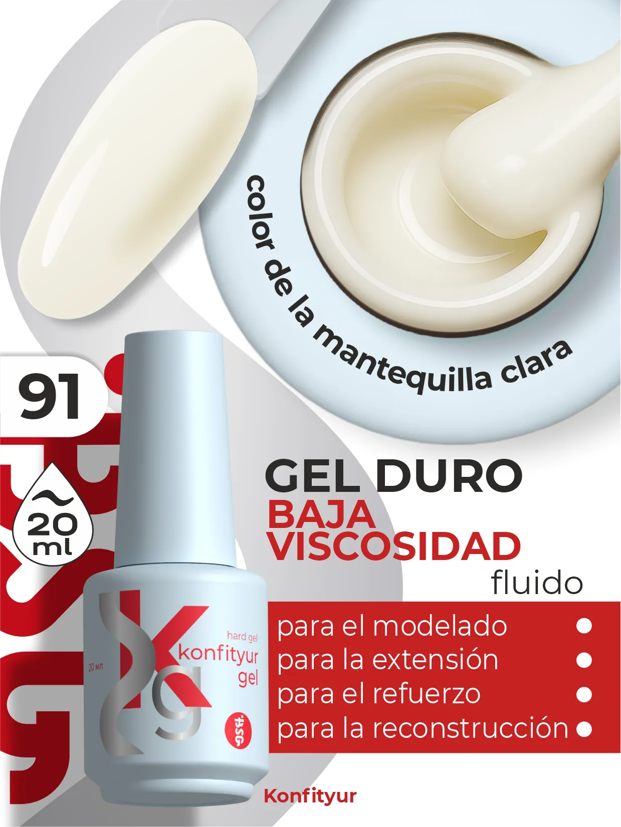 Gel duro BSG Konfithur baja viscosidad en frasco #91, 20 ml